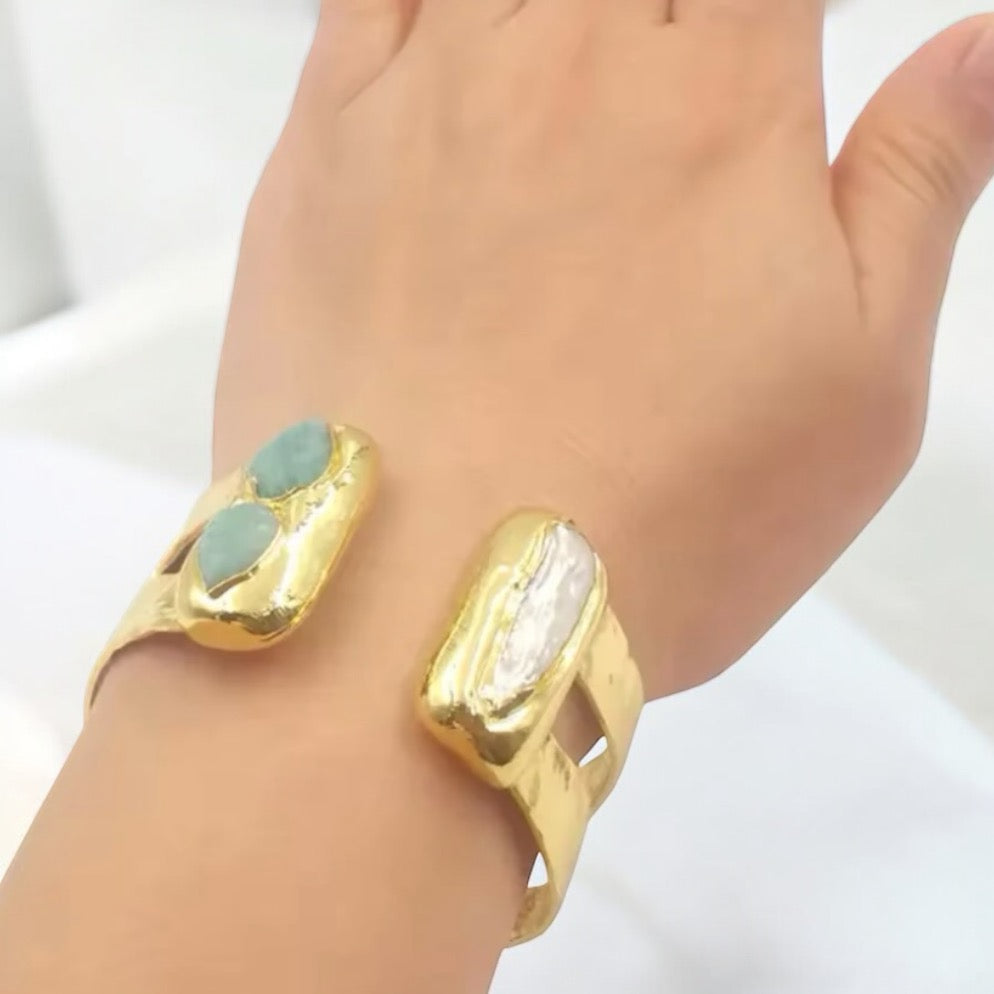 Dubai Collection - Natural Gemstone and Pearl Cuff Bangle
