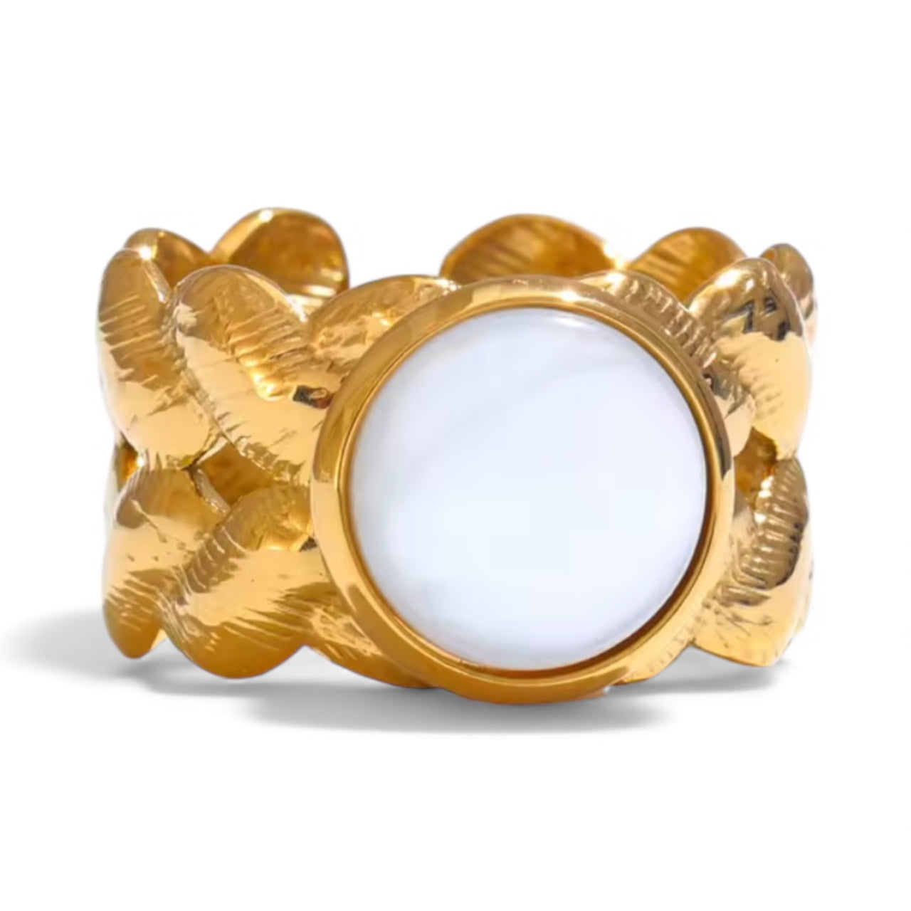 House of Hearts Stainless Steel 18k Gold Plated Mother of Pearl Adjustable Ring