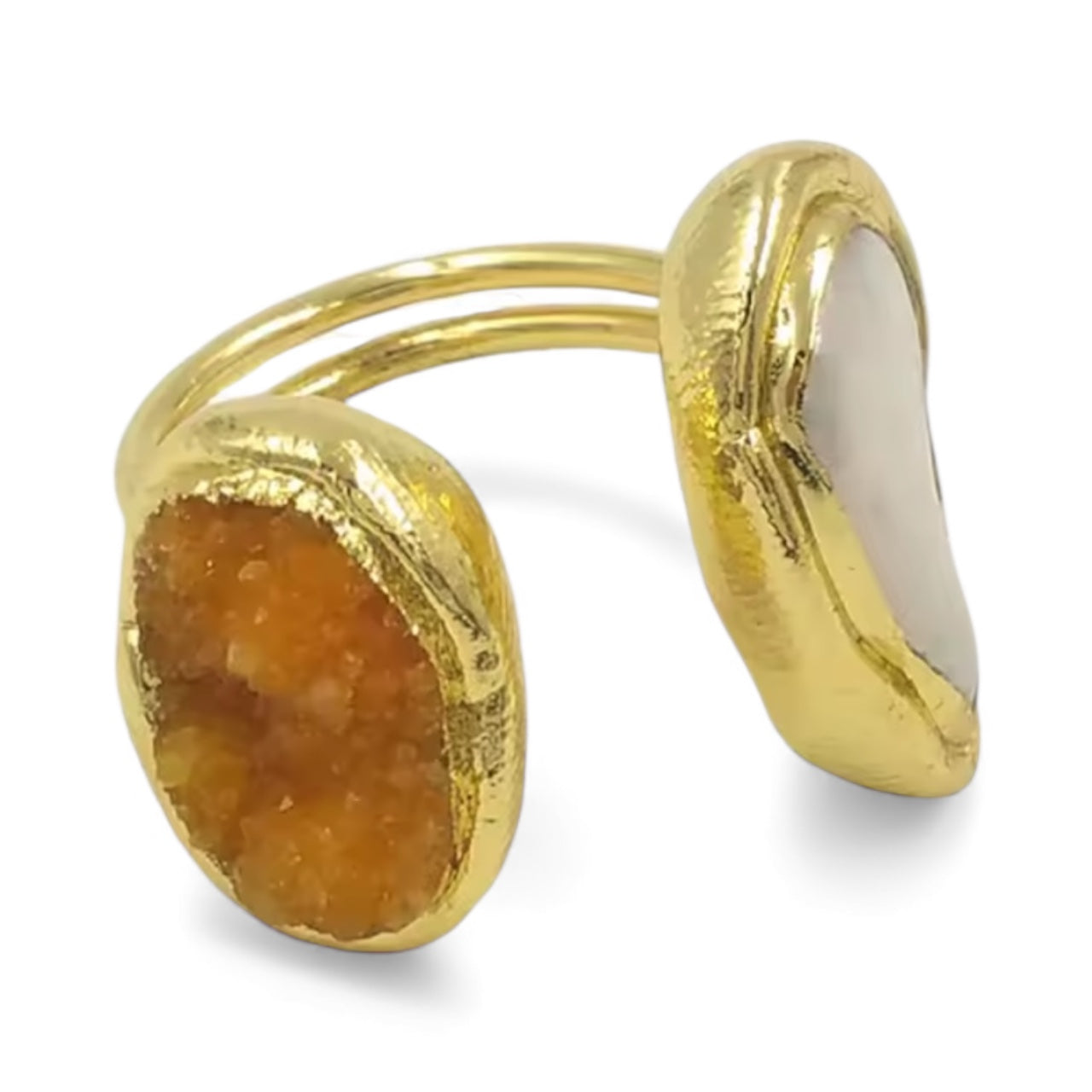 Gold Druzy Pearl Open Ring