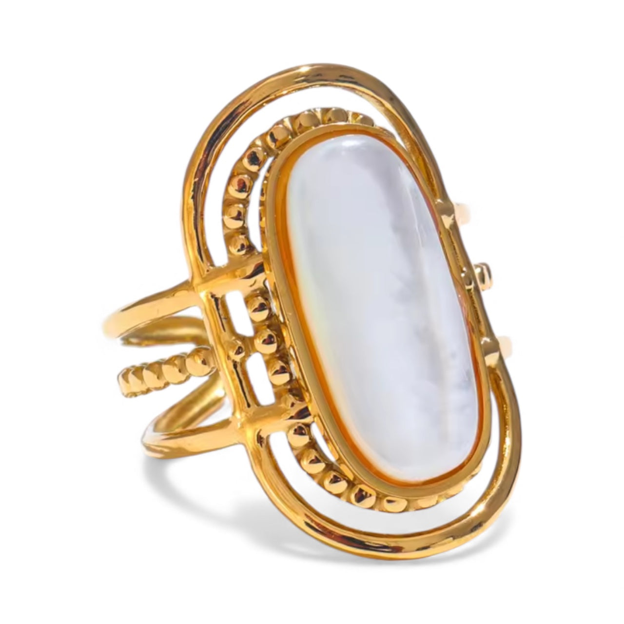 House of Hearts Stainless Steel 18k Gold Plated Mother of Pearl Adjustable Ring