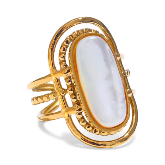 House of Hearts Stainless Steel 18k Gold Plated Mother of Pearl Adjustable Ring