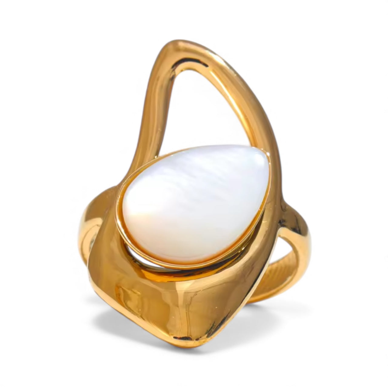 House of Hearts Stainless Steel 18k Gold Plated Mother of Pearl Adjustable Ring