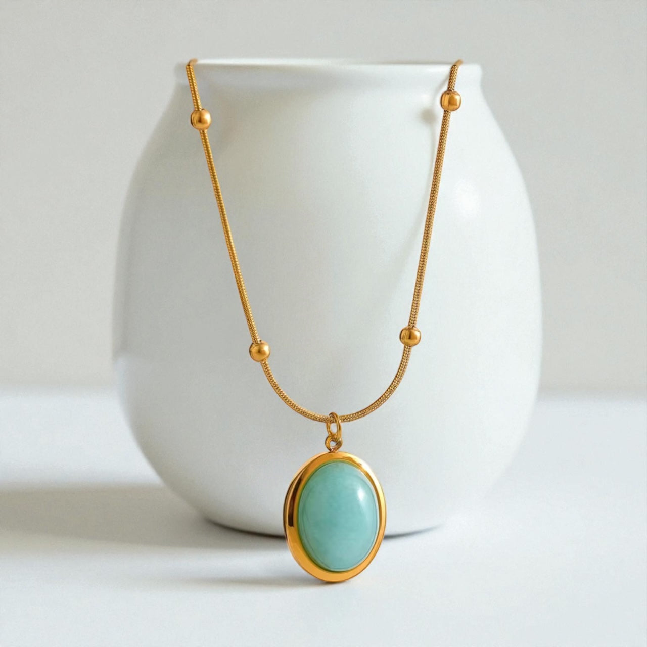 Amazonite Gold Oval Pendant Necklace