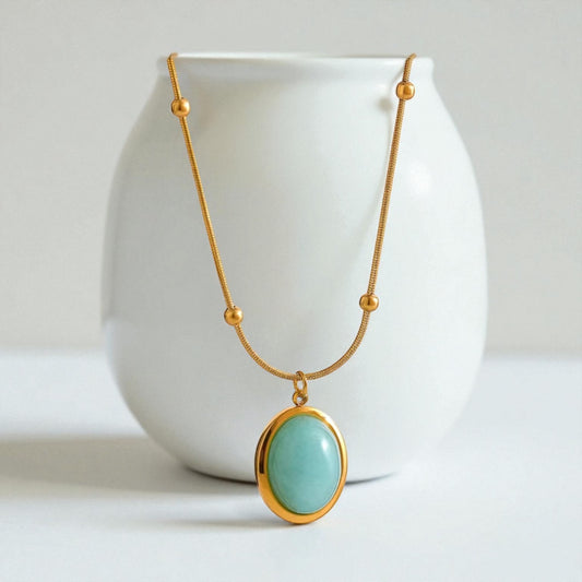 Amazonite Gold Oval Pendant Necklace