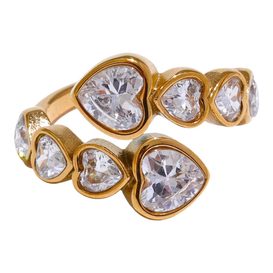 Crystal Hearts Stainless Steel 18k Gold Plated Adjustable Ring